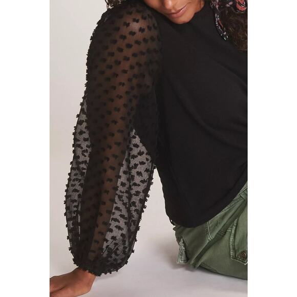 Anthropologie Maeve Textured-Sleeve Top Black Medium Chic Dark Romantic Edgy - Picture 6 of 13